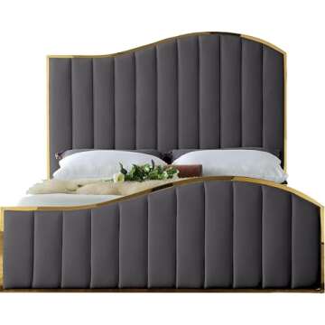 Meridian Jolie Grey Velvet King Bed With Gold Frame