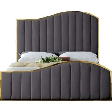Meridian Jolie Grey Velvet King Bed With Gold Frame
