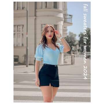 Zeagoo Womens Short Sleeve Tops Casual V Neck Stretch Fit Knit Lightweight Sweater Pullover Top Blue S