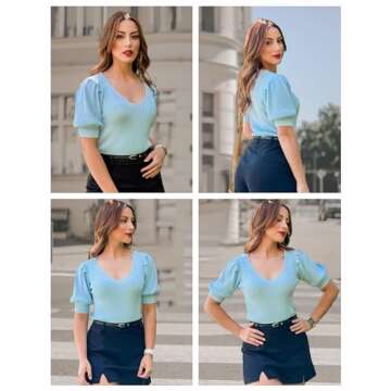 Zeagoo Womens Short Sleeve Tops Casual V Neck Stretch Fit Knit Lightweight Sweater Pullover Top Blue S