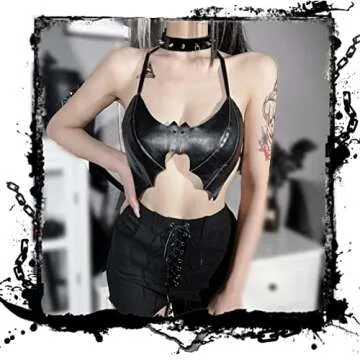 Instobig Women's Sexy Leather Camisole Goth Halter Alt Crop Top Bat Emo Cami Black Backless Bustier Club Bar Nightout Bralette, One Size