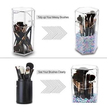 Beautybaby Makeup Brush Holder with Lid Dustproof Cosmestic Brushes Organizer Hexagon Display Cases Protect Brushes Storage with Free Pearls