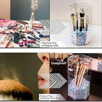 Beautybaby Makeup Brush Holder with Lid Dustproof Cosmestic Brushes Organizer Hexagon Display Cases Protect Brushes Storage with Free Pearls