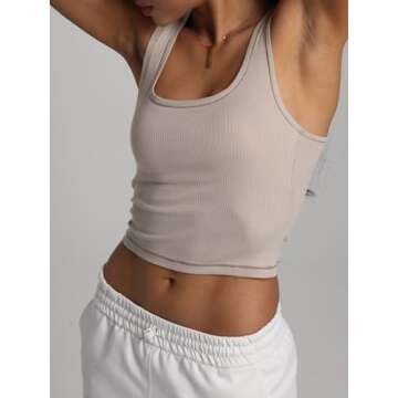 Danysu Women Cotton Rib Tank Top with Built in Bra Square Neck Crop Tank Fitted Basic Tops Oat Milk XS