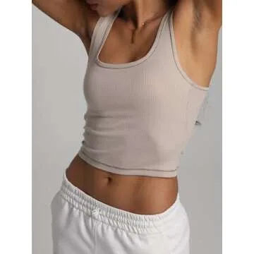 Danysu Women Cotton Rib Tank Top with Built in Bra Square Neck Crop Tank Fitted Basic Tops Oat Milk XS