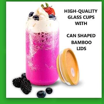 PLASNT Glass Cups with Lids and Straws, Set of 4, Drinking Glasses with Bamboo Lids and Glass Straws 16 Oz