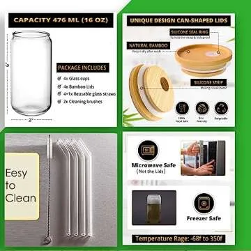 PLASNT Glass Cups with Lids and Straws, Set of 4, Drinking Glasses with Bamboo Lids and Glass Straws 16 Oz