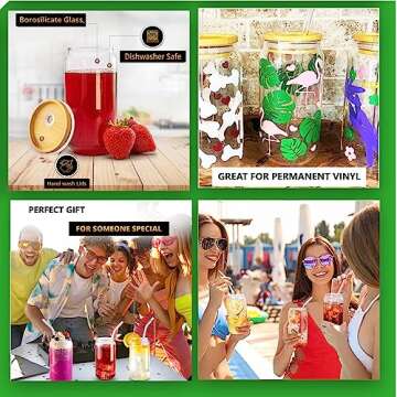 PLASNT Glass Cups with Lids and Straws, Set of 4, Drinking Glasses with Bamboo Lids and Glass Straws 16 Oz