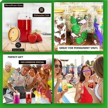 PLASNT Glass Cups with Lids and Straws, Set of 4, Drinking Glasses with Bamboo Lids and Glass Straws 16 Oz