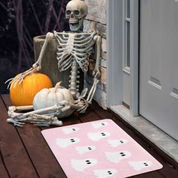 Halloween Spooky Ghosts Bath Mat Cute Home Decor Light Grey Bathroom Rugs, Ghosts Bath Mat Gothic Home Decor, Non Slip Trick or Treat Cute Spooky Shower Rug for Bathroom, Bedroom, Living Home (Pink)