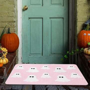 Halloween Spooky Ghosts Bath Mat Cute Home Decor Light Grey Bathroom Rugs, Ghosts Bath Mat Gothic Home Decor, Non Slip Trick or Treat Cute Spooky Shower Rug for Bathroom, Bedroom, Living Home (Pink)
