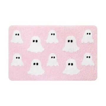 Halloween Spooky Ghosts Bath Mat Cute Home Decor Light Grey Bathroom Rugs, Ghosts Bath Mat Gothic Home Decor, Non Slip Trick or Treat Cute Spooky Shower Rug for Bathroom, Bedroom, Living Home (Pink)