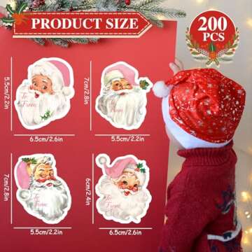 Whaline 200Pcs Pink Santa Claus Name Tag Stickers 10 Design Christmas Santa Gift Labels Xmas to & fr...