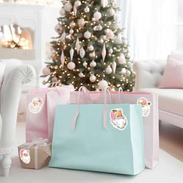 Whaline 200Pcs Pink Santa Claus Name Tag Stickers 10 Design Christmas Santa Gift Labels Xmas to & from Paper Gift Name Tag Stickers for Winter Holiday Birthday Gift Wrap Decor