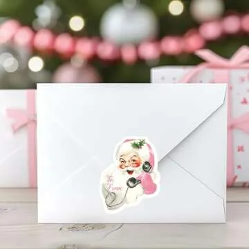 Whaline 200Pcs Pink Santa Claus Name Tag Stickers 10 Design Christmas Santa Gift Labels Xmas to & from Paper Gift Name Tag Stickers for Winter Holiday Birthday Gift Wrap Decor