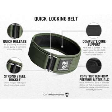 Gymreapers Quick Locking Weightlifting Belt for Bodybuilding, Powerlifting, Cross Training - 4 Inch Neoprene with Metal Buckle - Adjustable Olympic Lifting Back Support (Ranger Green, Large)