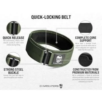 Gymreapers Quick Locking Weightlifting Belt for Bodybuilding, Powerlifting, Cross Training - 4 Inch Neoprene with Metal Buckle - Adjustable Olympic Lifting Back Support (Ranger Green, Large)