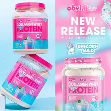 Obvi Collagen Whey Protein Powder | Post Workout Shake, Supports Muscle Growth, Healthy Hair, Skin, Nails, Joints, Gut | Multi-Collagen Infused Meal Replacement | Unicorn Milk, 20 Servings