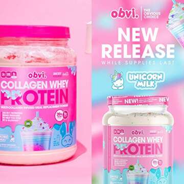 Obvi Collagen Whey Protein Powder | Post Workout Shake, Supports Muscle Growth, Healthy Hair, Skin, Nails, Joints, Gut | Multi-Collagen Infused Meal Replacement | Unicorn Milk, 20 Servings