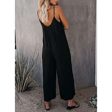ROSKIKI Womens Summer Cami Jumpsuits Casual Loose Summer V Neck Spaghetti Strap Pocketed Romper Wide Leg Long Pants Black Medium