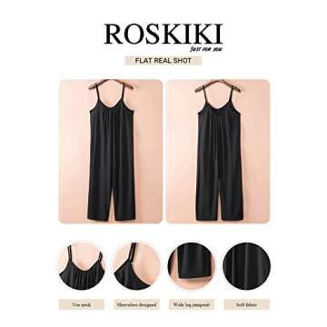 ROSKIKI Womens Summer Cami Jumpsuits Casual Loose Summer V Neck Spaghetti Strap Pocketed Romper Wide Leg Long Pants Black Medium