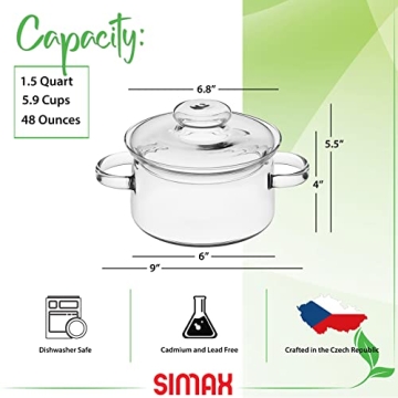Simax 48 Oz Borosilicate Glass Saucepan With Lid - Microwave, Stove and Dishwasher Safe Potpourri Pot and Serving Dish