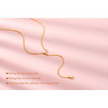 Handmade Sterling Silver Lariat Necklace, Simulated Diamond 18K Gold Plated Dainty Drop Y Chain Necklace for Women (Gold)