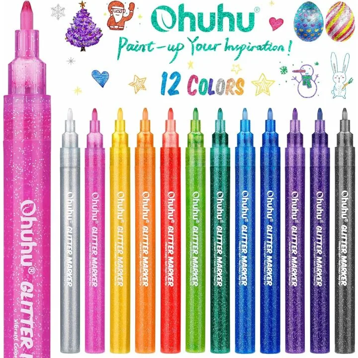 Ohuhu Glitter Markers 12 Colors - Fine Point Craft Pens