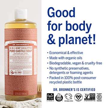 Dr. Bronner's - Pure-Castile Liquid Soap (Eucalyptus, 32 ounce) - Made with Organic Oils, 18-in-1 Uses: Face, Body, Hair, Laundry, Pets & Dishes, Concentrated, Vegan, Non-GMO