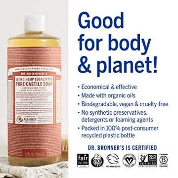 Dr. Bronner's - Pure-Castile Liquid Soap (Eucalyptus, 32 ounce) - Made with Organic Oils, 18-in-1 Uses: Face, Body, Hair, Laundry, Pets & Dishes, Concentrated, Vegan, Non-GMO
