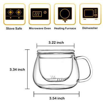 Lezero 13oz Tea Infuser Cups Kits, Glass Mugs with Filter Basket and Lid for Loose leaf Tea Brewing, Heat Resistant, Lead-free, Microwave & Dishwasher Safe