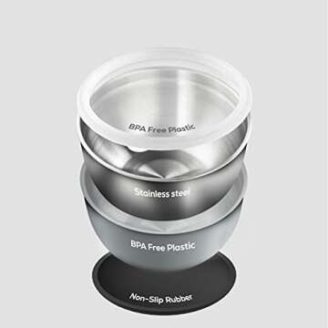 FineDine Stainless Steel Mixing Bowls with Lids Set, Stackable Nesting Dishware Bowls for Kitchen Space Storage Saving, Non-Slip Bottoms for Stability, 5 Quarts Salad Bowls