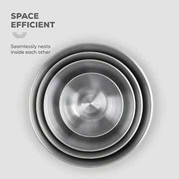 FineDine Stainless Steel Mixing Bowls with Lids Set, Stackable Nesting Dishware Bowls for Kitchen Space Storage Saving, Non-Slip Bottoms for Stability, 5 Quarts Salad Bowls