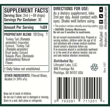 Lifecykel -Turkey Tail Mushroom Liquid Extract Kakadu Plum- 100% Organic Turkey Tail Mushrooms-Immune Support Supplement Immune Defense Antioxidants Vitamin C Made in US, 2 Fl oz(Packaging May Vary)