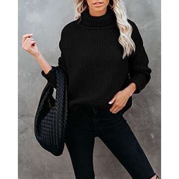 YEXIPO Womens Turtleneck Oversized Sweaters Batwing Long Sleeve Loose Pullover Sweater Chunky Knit Jumper Tops Black