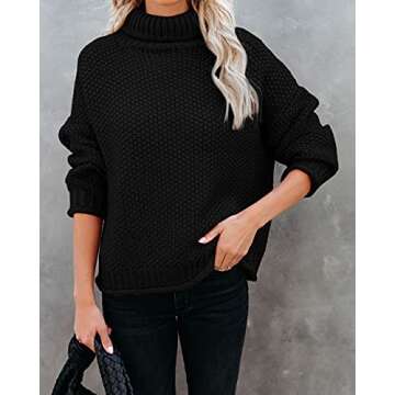 YEXIPO Womens Turtleneck Oversized Sweaters Batwing Long Sleeve Loose Pullover Sweater Chunky Knit Jumper Tops Black