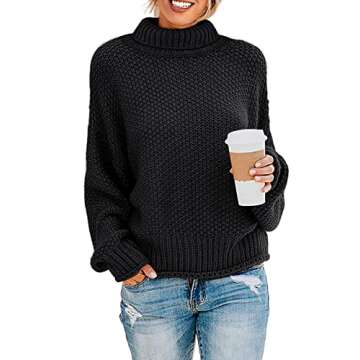 YEXIPO Womens Turtleneck Oversized Sweaters Batwing Long Sleeve Loose Pullover Sweater Chunky Knit Jumper Tops Black