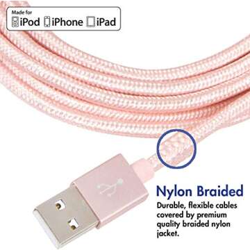 vCharged 12 FT Longest 2 Pack Pink/Rose Gold MFi Certified Lightning Cable Nylon Braided USB Long iPhone Charger for Apple iPhone 14 Pro Max, 13, 12, 11/Mini/XR, XS, X, 8, 7, iPad, Airpods - Updated