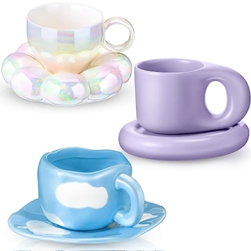 Sumind 3 Pcs Ceramic Coffee Mug with Saucer Set Irregular Creative Cute Mugs Ceramic Cup Chubby Mug ...