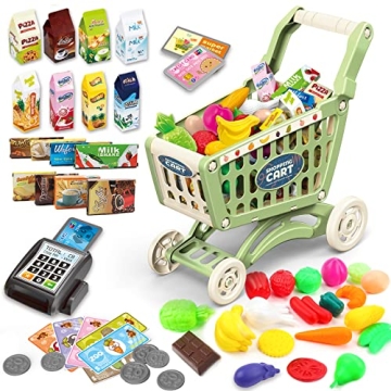 deAO Kids Shopping Cart Trolley with 65 Food Items for Toddlers