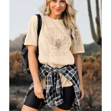 KEKEMI Vintage Rock Band Tshirts Women Retro Free Bird Western Graphic Tees Country Music Shirts Cas...