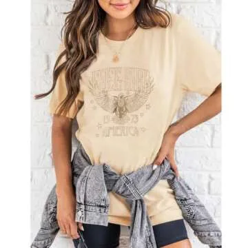 KEKEMI Vintage Rock Band Tshirts Women Retro Free Bird Western Graphic Tees Country Music Shirts Casual Short Sleeve Tops(Apricot-104,Small)