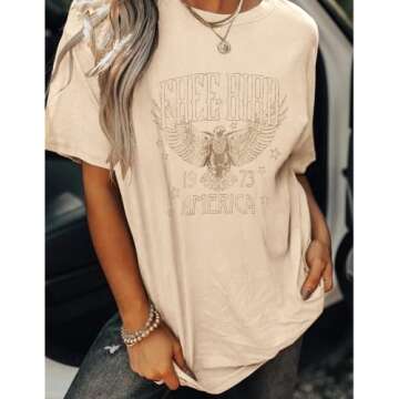 KEKEMI Vintage Rock Band Tshirts Women Retro Free Bird Western Graphic Tees Country Music Shirts Casual Short Sleeve Tops(Apricot-104,Small)