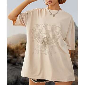 KEKEMI Vintage Rock Band Tshirts Women Retro Free Bird Western Graphic Tees Country Music Shirts Casual Short Sleeve Tops(Apricot-104,Small)