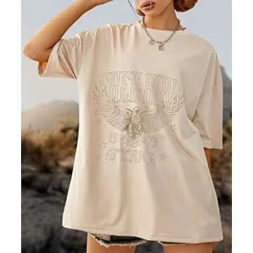 KEKEMI Vintage Rock Band Tshirts Women Retro Free Bird Western Graphic Tees Country Music Shirts Casual Short Sleeve Tops(Apricot-104,Small)