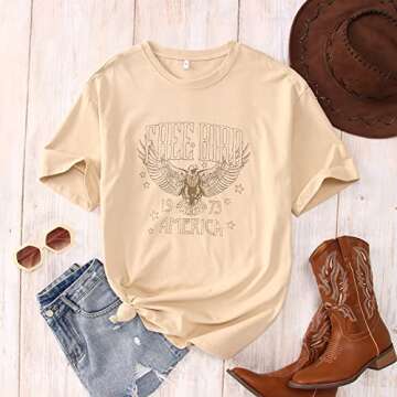 KEKEMI Vintage Rock Band Tshirts Women Retro Free Bird Western Graphic Tees Country Music Shirts Casual Short Sleeve Tops(Apricot-104,Small)
