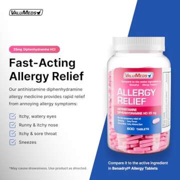 ValuMeds Allergy Medicine Antihistamine, Diphenhydramine HCl 25 mg | Children and Adults | Relieve I...