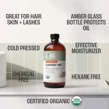 J MAC BOTANICALS, Organic Castor Oil Cold Pressed (Glass Bottle, 8 oz) pure unrefined, hexane free for face, skin, eyelashes, pack wraps, pads