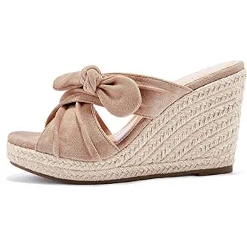 Womens Espadrilles Slip on Wedge Sandals Slides Bow Tie Platform Open Toe Summer Mules Shoes, Nude, Size 8