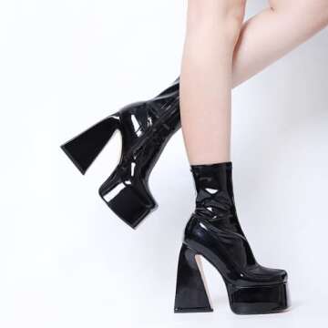 Uacllcau Platform Boots for Women Mid Calf Boots Square Toe Chunky High Heel Boots Side Zipper Ankle Booties